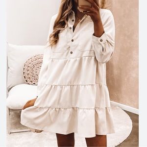 Zara poplin long collared shirt dress tiered cream ivory ecru 3/4 sleeve large